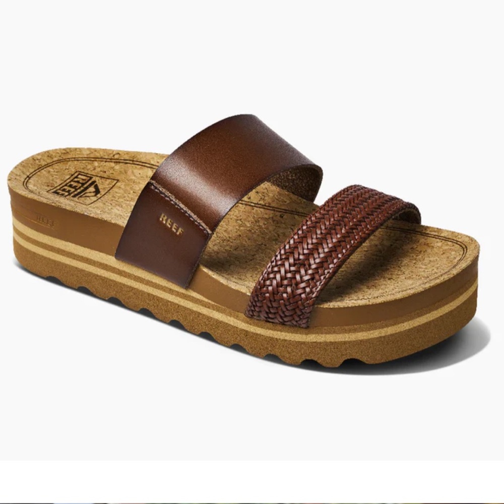 Reef Brown Dual-Strap Woven Platform Slide Sandal